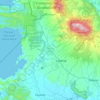 Mapa topográfico Cantón Liberia, altitud, relieve