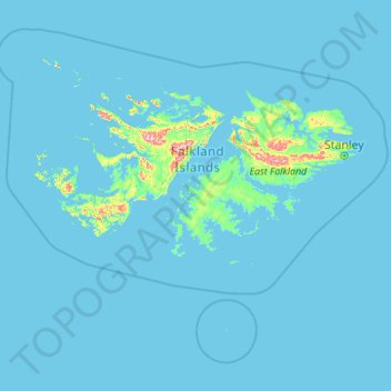 Mapa topográfico Islas Malvinas, altitud, relieve